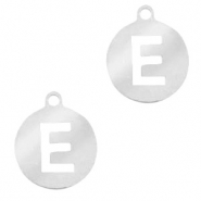 Breloques en acier inox alphabet lettre E m&eacute;daillon rond 10mm Argent&eacute;