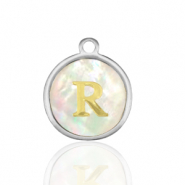 Breloques en acier Inox nacre rond 12mm lettre R Blanc (couleur naturelle)-argenté