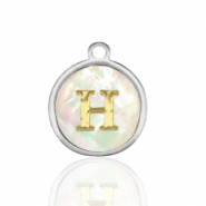 Breloques en acier Inox nacre rond 12mm lettre H Blanc (couleur naturelle)-argenté