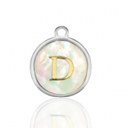 Breloques en acier Inox nacre rond 12mm lettre D Blanc (couleur naturelle)-argenté