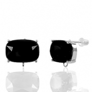 Boucles d&rsquo;oreilles / puces d&rsquo;oreilles en verre Crystal Glass avec anneau rectangle Noir-argent&eacute;