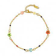Bracelets en acier Inox millefiori fleurs Dor&eacute;-multicolore