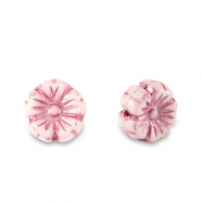 Perles tchèques fleur 7mm Rose magenta métallisé-blanc