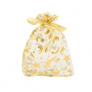 Sachet &agrave; bijoux en organza 7x9cm lune et &eacute;toile Jaune dor&eacute;-dor&eacute;