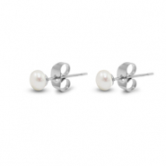 Boucles d'oreilles / puces en acier Inox perles 5mm Argent&eacute;-blanc perle