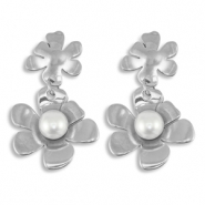 Boucles d'oreilles / puces en acier Inox fleur avec imitations perles Argenté