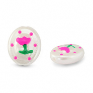 Perles acryliques ovale avec fleur Perle-rose-vert
