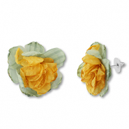 Boucles d'oreilles tendance fleur en mousseline Vert-jaune-argenté