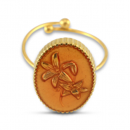 Bagues en acier inox émaillées ovale avec fleur Doré-rose saumon