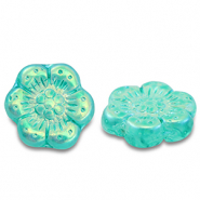 Perles tchèques boho flower 14mm Transparent turquoise vert-AB coating
