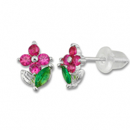 Métal TQ laiton boucles d'oreilles / puces d’oreilles fleur Argenté-rose foncé-vert