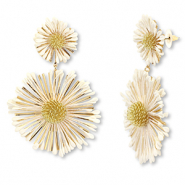 Boucles d'oreilles en raphia accroche-regard fleur Blanc cassé-doré