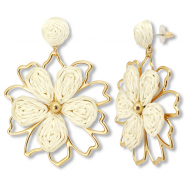 Boucles d'oreilles en raphia accroche-regard fleur Blanc cassé-doré