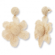 Boucles d'oreilles en raphia accroche-regard fleur Champagne clair-doré
