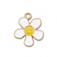 Breloques en métal émaillée fleur avec souriant Doré-blanc-jaune