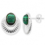 Boucles d'oreilles / puces en acier Inox ovale Argenté-vert fonce-noir