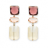 Boucles d&rsquo;oreilles / puces d&rsquo;oreilles en verre de cristal carr&eacute;-ovale-rectangle Bordeaux-rose-beige sable