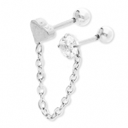 Piercing d&rsquo;oreilles en acier Inox coeur avec cha&icirc;ne & strass Argent&eacute;-cristal