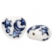 Perles en c&eacute;ramique coeur avec lune et &eacute;toiles Blanc cass&eacute;-bleu de Delft