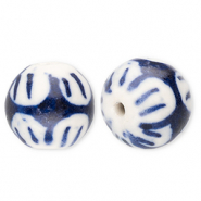 Perles en c&eacute;ramique 12&nbsp;mm avec fleur Blanc cass&eacute;-bleu de Delft