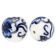 Perles en c&eacute;ramique 12&nbsp;mm avec fleur Blanc cass&eacute;-bleu de Delft
