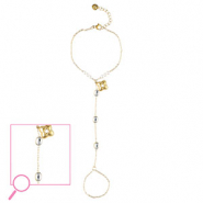 Bracelets en acier Inox fleur Dor&eacute;-cristal-blanc