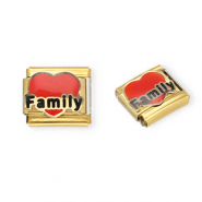 Appr&ecirc;ts en acier inox breloques pour bracelet italien c&oelig;ur "Family" Dor&eacute;-rouge-noir