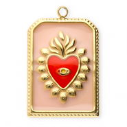Breloques en acier Inox rectangle avec coeur Dor&eacute;-rose vintage-rouge