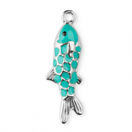 Breloques en acier Inox &eacute;maill&eacute;e poisson Argent&eacute;-Turquoise vert