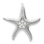 Breloques en acier Inox &eacute;toile de mer avec imitations perles Argent&eacute;-blanc