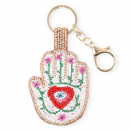 Porte-cl&eacute;s main avec Oeil Porte-Bonheur Dor&eacute;-blanc-fuchsia-rouge-vert
