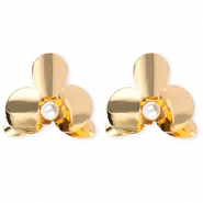 Boucles d'oreilles&nbsp;/&nbsp;puces accroche-regard fleur avec imitations perle avec tige en acier inoxydable Dor&eacute;-blanc