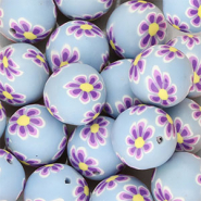 Perles en silicone 18 mm rond avec fleurs peintes à la main Bleu clair-violet-jaune