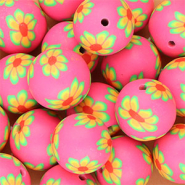Perles en silicone 18 mm rond avec fleurs peintes à la main Rose néon-vert-orange-rouge