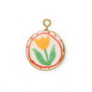 Breloques en céramique rond avec fleur Doré-blanc-rouge-vert-orange