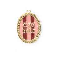BY31&reg; Breloques en laiton Eco-brass avec &eacute;maill&eacute;eovale Ciao bella"" Dor&eacute;-rose clair-rouge