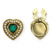 Cache-boutons coeur avec imitations perles Dor&eacute; antique-vert &eacute;meraud-blanc