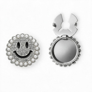 Cache-boutons souriant avec strass et imitations perles Argent&eacute;-noir-cristal-blanc