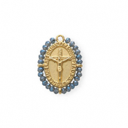 Breloques en acier Inox médaillon ovale avec crucifix Doré-bleu