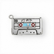 Breloques en acier Inox émail cassette audio Argenté-bleu clair-rouge