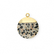 Breloque en pierre naturelle Jaspe Dalmatien rond Greige-noir-dor&eacute;