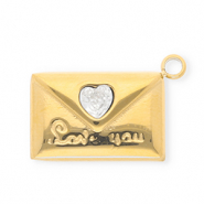 Breloques en acier Inox avec strass enveloppe "Love you" Doré-cristal