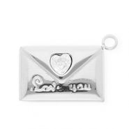 Breloques en acier Inox avec strass enveloppe "Love you" Argenté-cristal