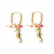Boucles d'oreilles en acier Inox hippocampe Dor&eacute;-rouge-blanc