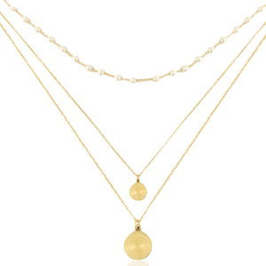 Colliers en acier inox 3 rangs m&eacute;daillon & perle Dor&eacute;