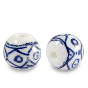 Perles en c&eacute;ramique 10mm Blanc-bleu de Delft