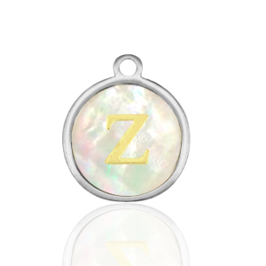 Breloques en acier Inox nacre rond 12mm lettre Z Blanc (couleur naturelle)-argent&eacute;