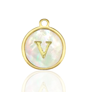 Breloques en acier Inox nacre rond 12mm lettre V Blanc (couleur naturelle)-dor&eacute;