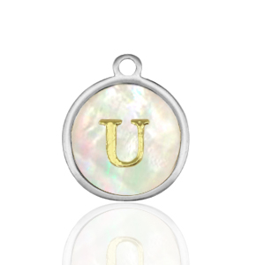 Breloques en acier Inox nacre rond 12mm lettre U Blanc (couleur naturelle)-argent&eacute;