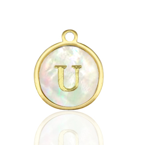 Breloques en acier Inox nacre rond 12mm lettre U Blanc (couleur naturelle)-dor&eacute;